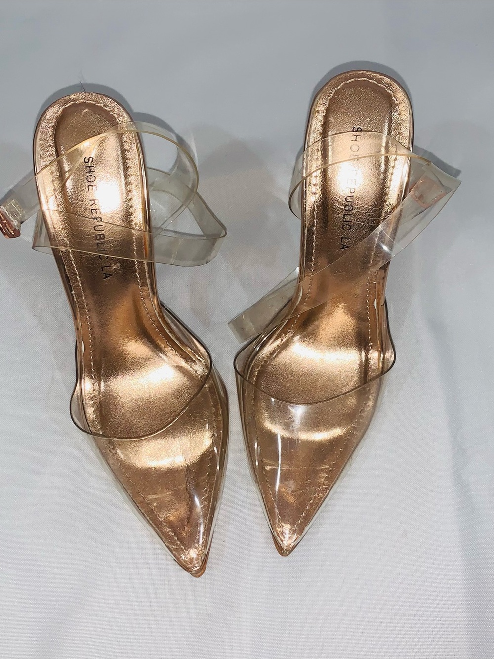 Shoe Republic LA Clear Strap Pointed Toe Heels in Rose Gold